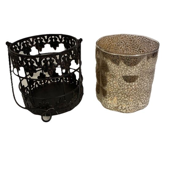 Candle Holder Made With Metal And Speckled Glass Insert. 2 Piece At. 5” X 5.5” - Picture 2 of 8